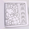 A black and white line art coloring page featuring a cute mouse character surrounded by flowers and a bookshelf.