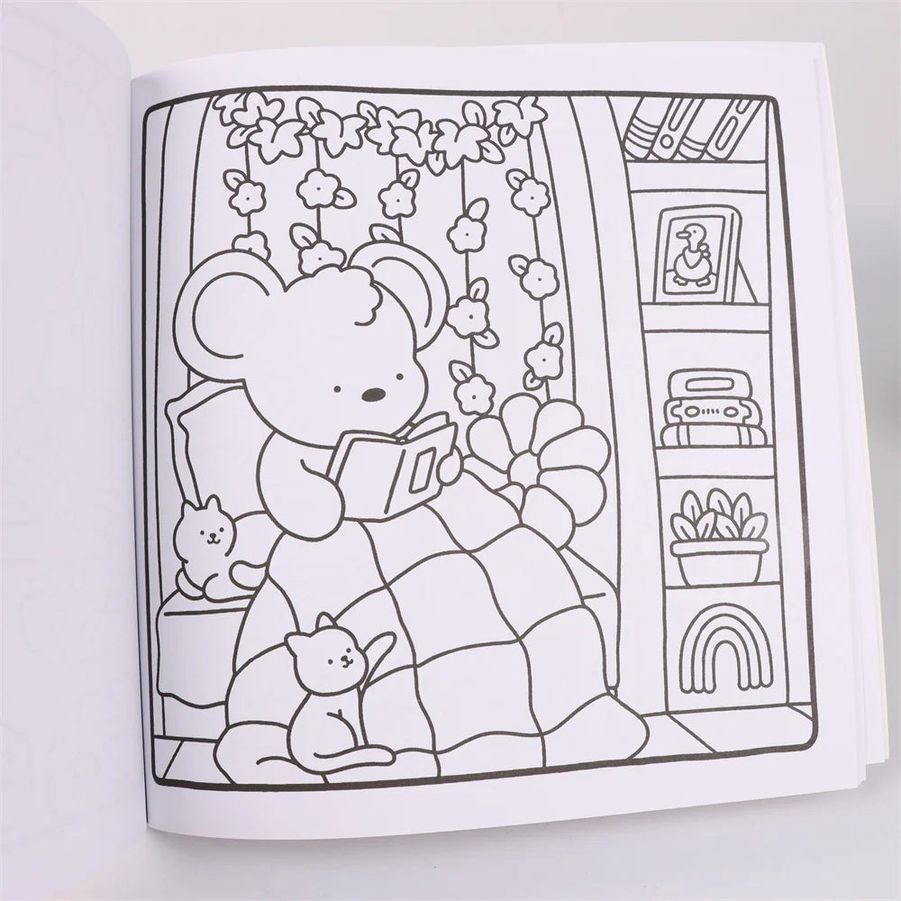 A black and white line art coloring page featuring a cute mouse character surrounded by flowers and a bookshelf.