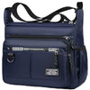Navy men's business crossbody bag with multiple zippered pockets and leather accents
