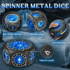 A set of black spinner metal dice showing various faces and a die with an index for results.