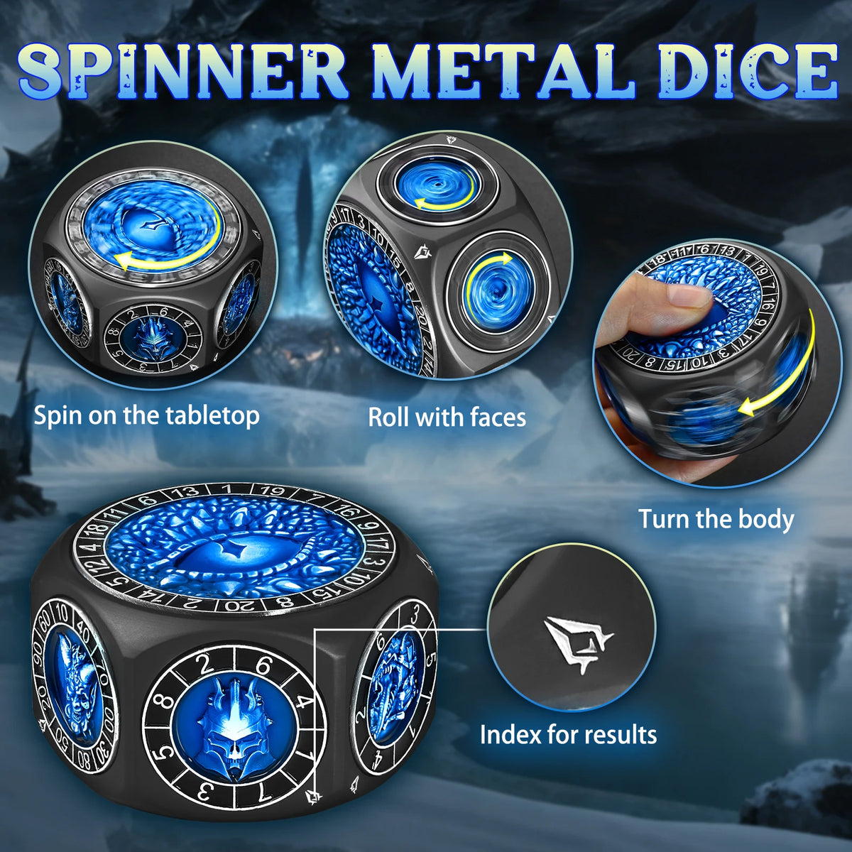 A set of black spinner metal dice showing various faces and a die with an index for results.