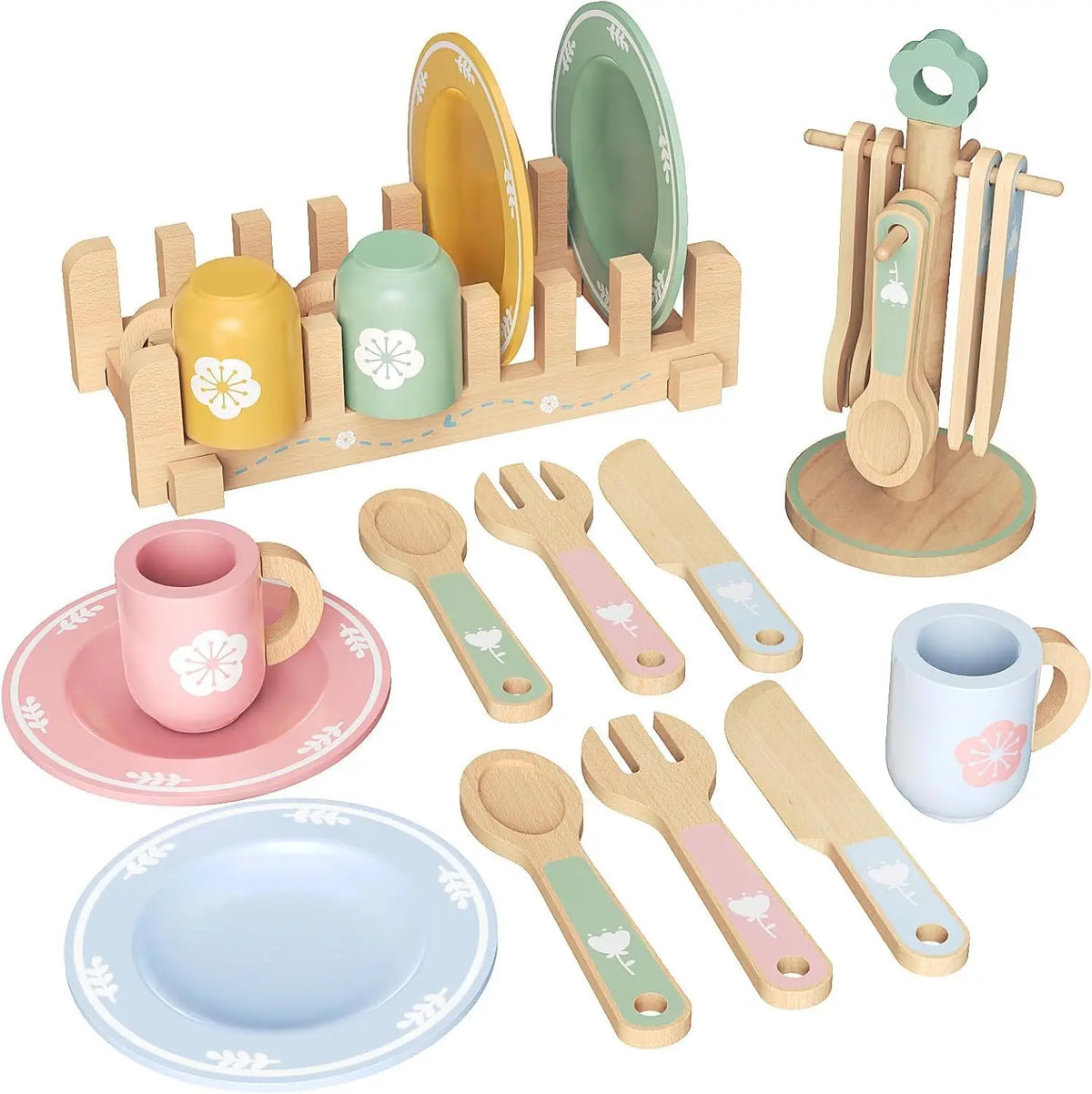A wooden cookie play food set featuring various baking accessories like spatulas and a muffin tin.