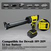 A yellow cordless electric caulking gun is shown with various DCB models and compatible Li-ion batteries.