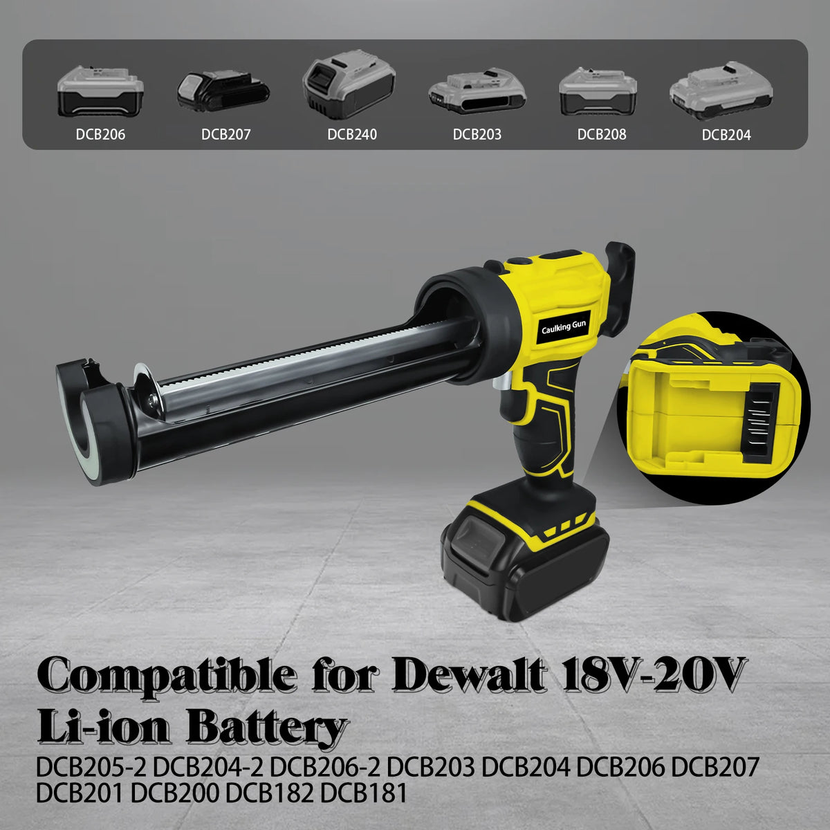 A yellow cordless electric caulking gun is shown with various DCB models and compatible Li-ion batteries.