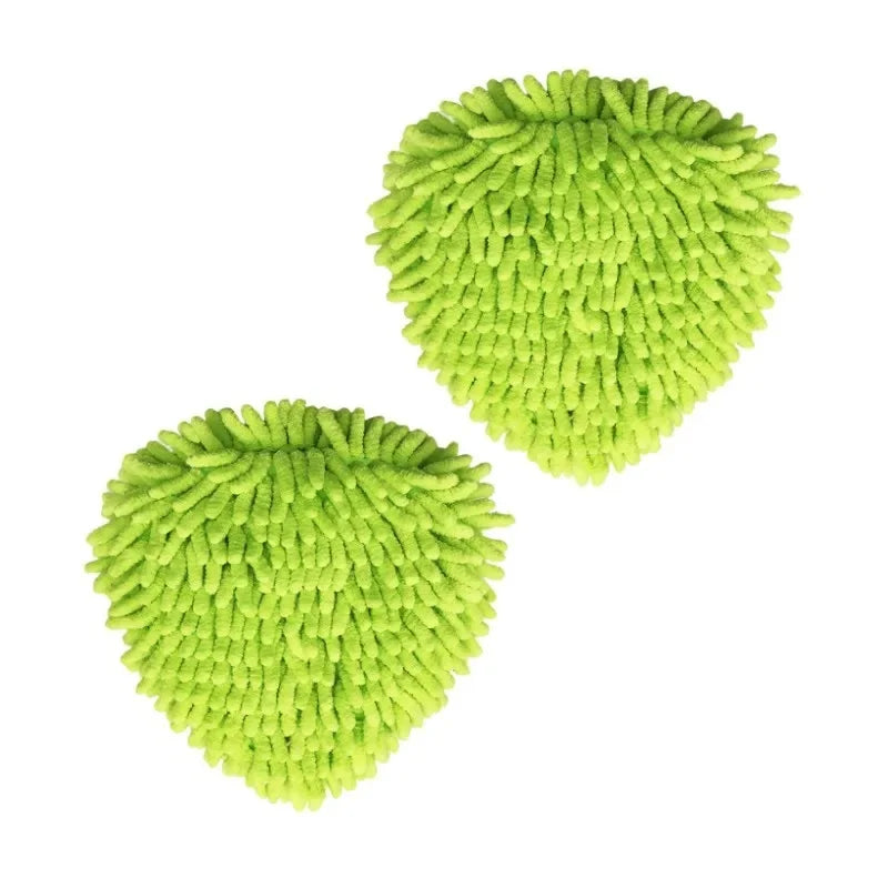A pair of bright lime green chenille mop heads for spin mops.