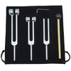 A black case containing a set of tuning forks with various sizes and a mallet for sound therapy and meditation