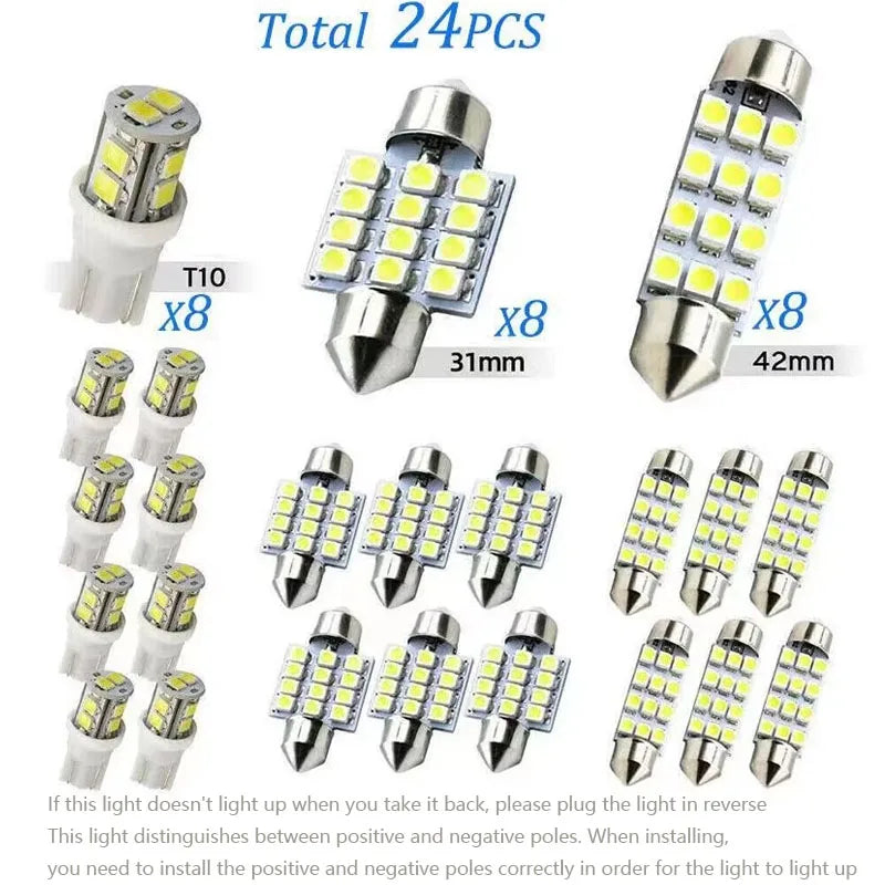 A set of 24 LED car interior light bulbs and sockets for a universal upgrade kit.
