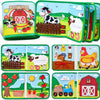 A set of felt activity busy books for toddlers featuring farm animals and houses in various colors.