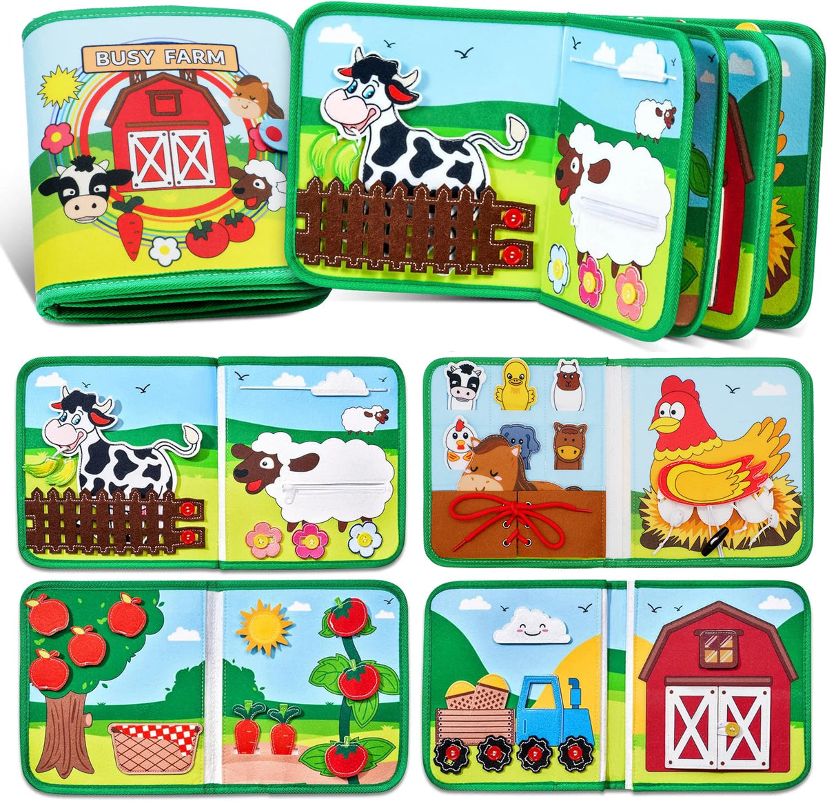 A set of felt activity busy books for toddlers featuring farm animals and houses in various colors.