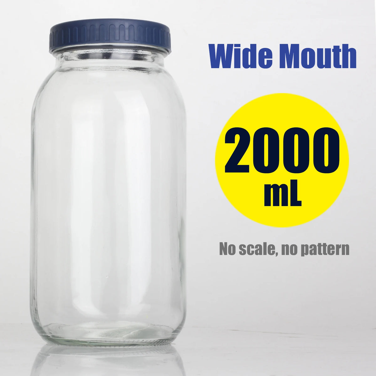A clear glass mason jar with a blue lid, labeled as a 2000 mL wide mouth jar.
