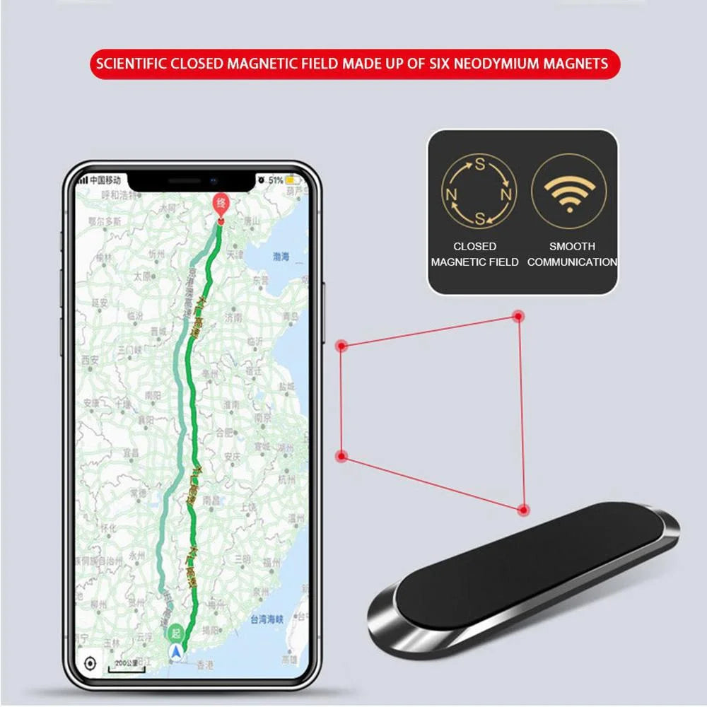 A smartphone displaying a map with a route, next to a black magnetic phone mount.