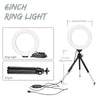 A 6 inch ring light with a tripod stand and power cord shown in various views.