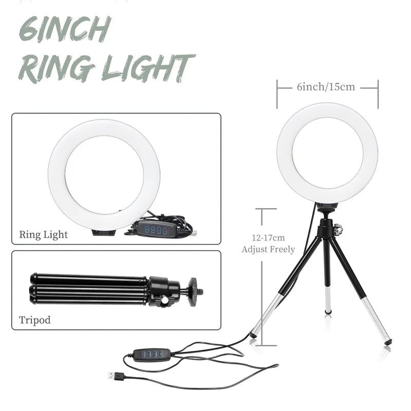 A 6 inch ring light with a tripod stand and power cord shown in various views.