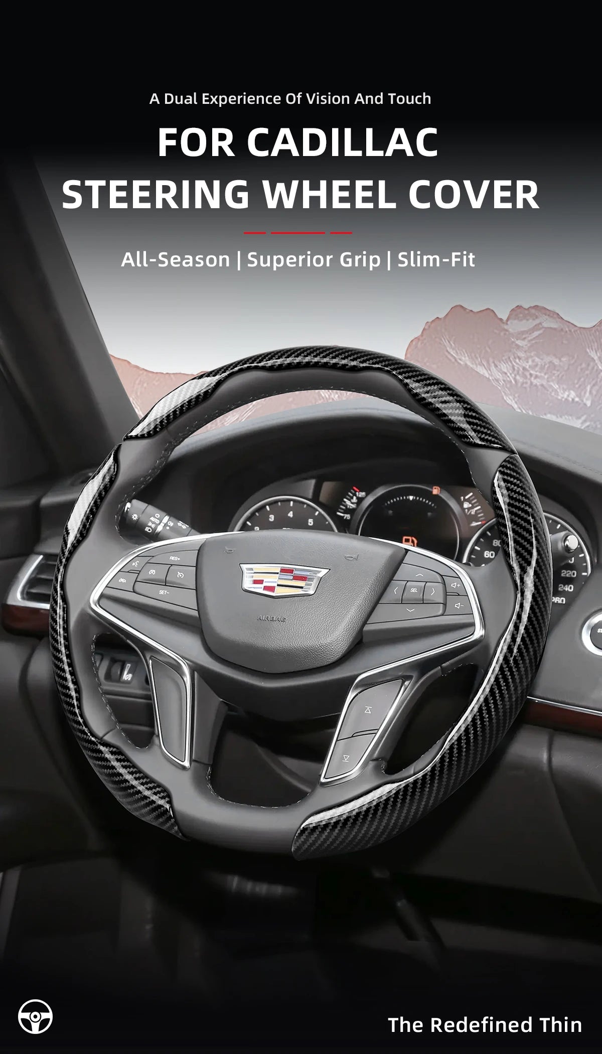 A black carbon fiber steering wheel cover for a Cadillac vehicle.