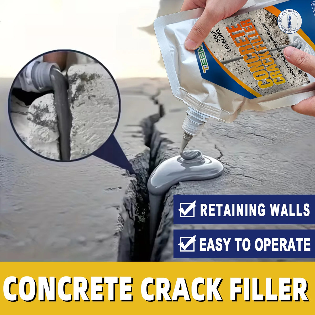 Hand applying self-leveling concrete crack filler to a concrete surface, showing the product and its ease of operation.