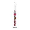 A silver ergonomic crochet hook with a colorful sunflower design, measuring 9.0mm.