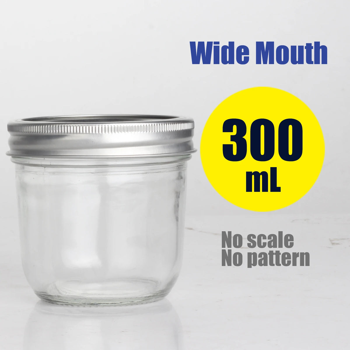 A clear glass mason jar with a silver lid is shown on a white surface, labeled as 300 mL wide mouth storage container.