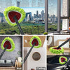 A collection of green chenille mop heads shown in various contexts including a glass window, on a wall, on the floor, and in 