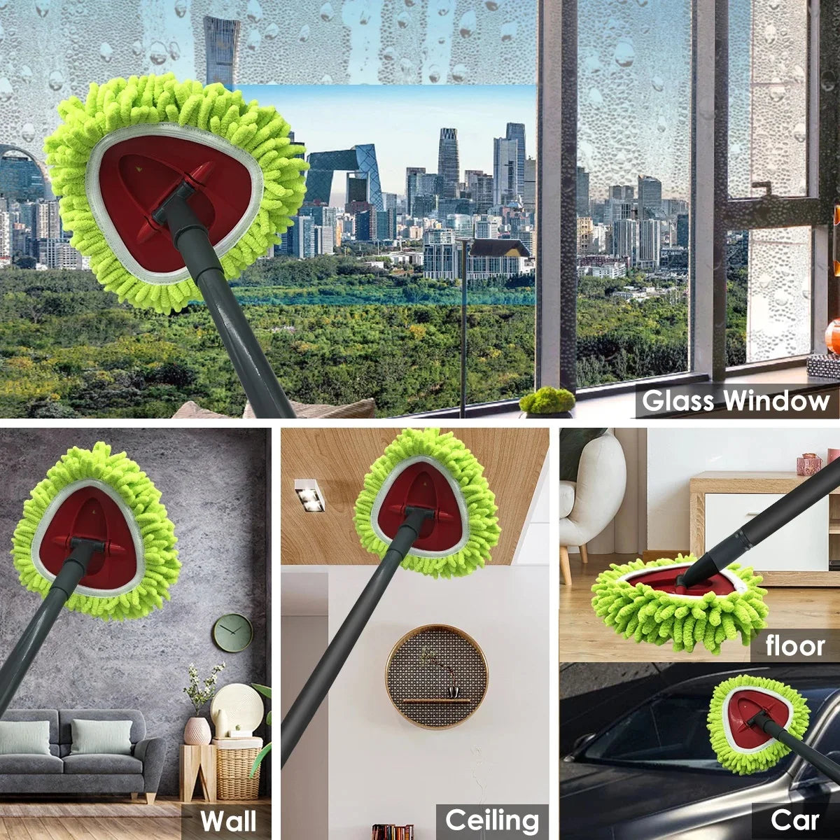 A collection of green chenille mop heads shown in various contexts including a glass window, on a wall, on the floor, and in 
