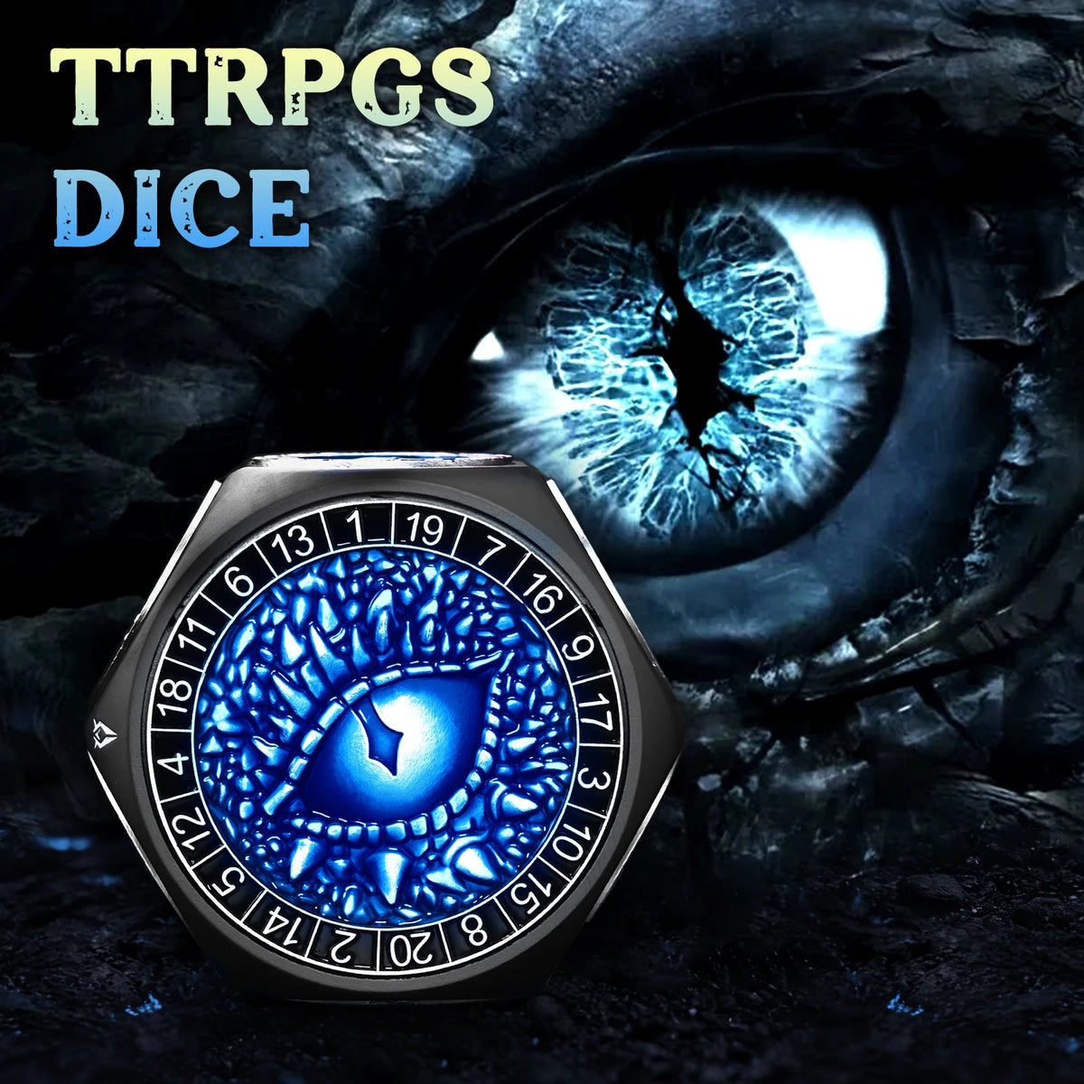 A close-up of a metallic TTRPGS dice featuring an eye design, set against a dark, textured background.