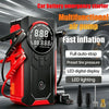 A black and red multifunctional air pump car battery emergency starter with an LED display and hose.