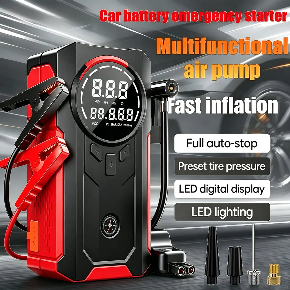 A black and red multifunctional air pump car battery emergency starter with an LED display and hose.