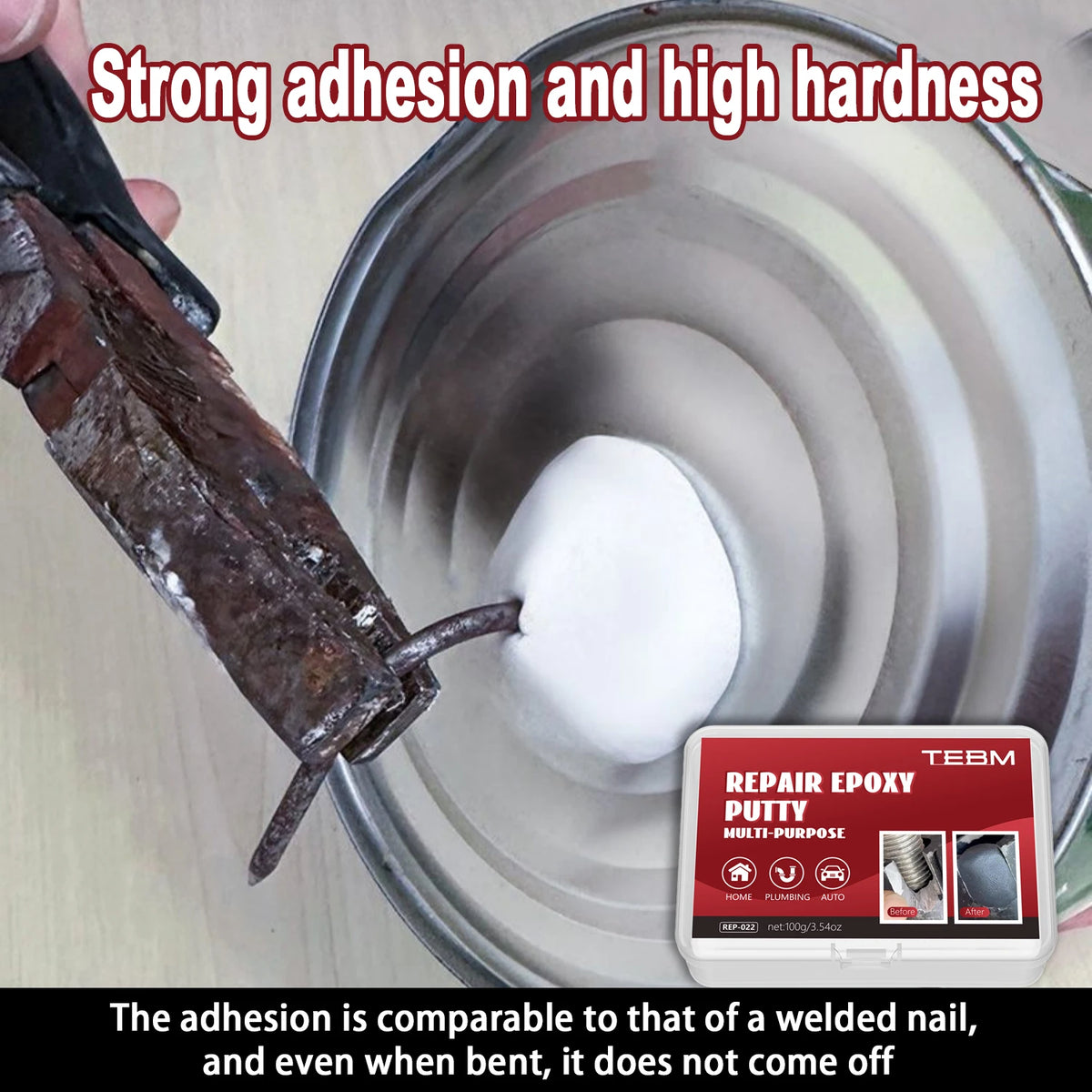 A hand is applying white epoxy putty to a metal container, demonstrating strong adhesion and high hardness for repairs.