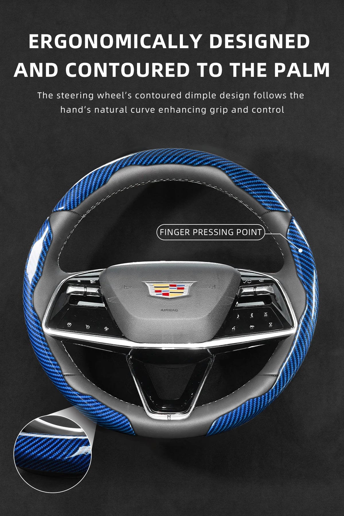 A close-up view of a glossy carbon fiber steering wheel cover designed to contour to the palm.