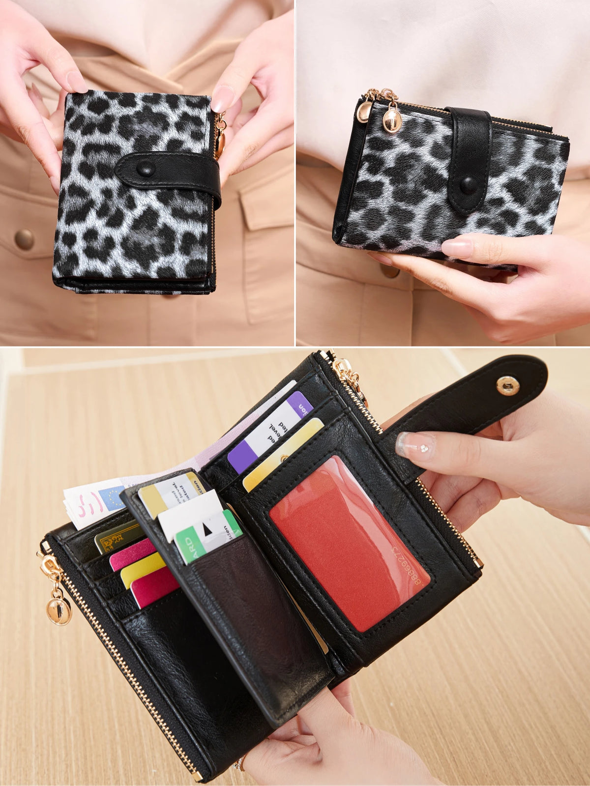 Vintage Leopard Print Tri-Fold Wallet with Double Zipper