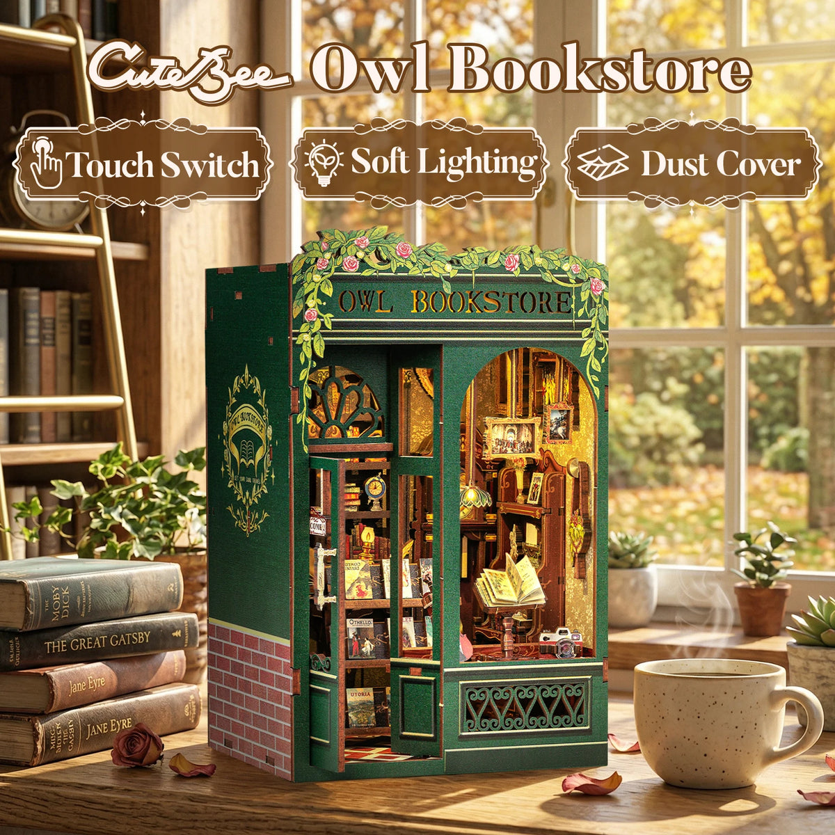 A wooden Owl Bookstore miniature display cabinet with glass doors and internal lighting on a wooden surface.