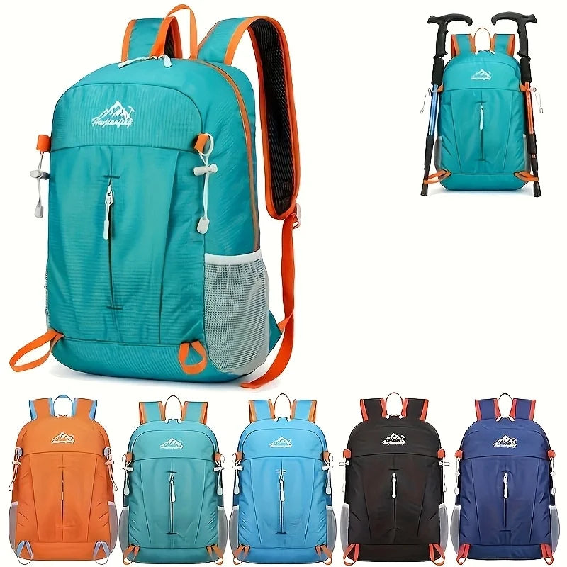 A collection of ultra-light foldable travel backpacks in various colors including teal, orange, blue, and black.