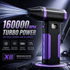 A black and purple X8 high-speed air blower device is shown emitting a powerful stream of air.