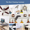 A collection of cleaning tools including a telescopic duster, various brushes, and a duster hanging from a geometric frame.