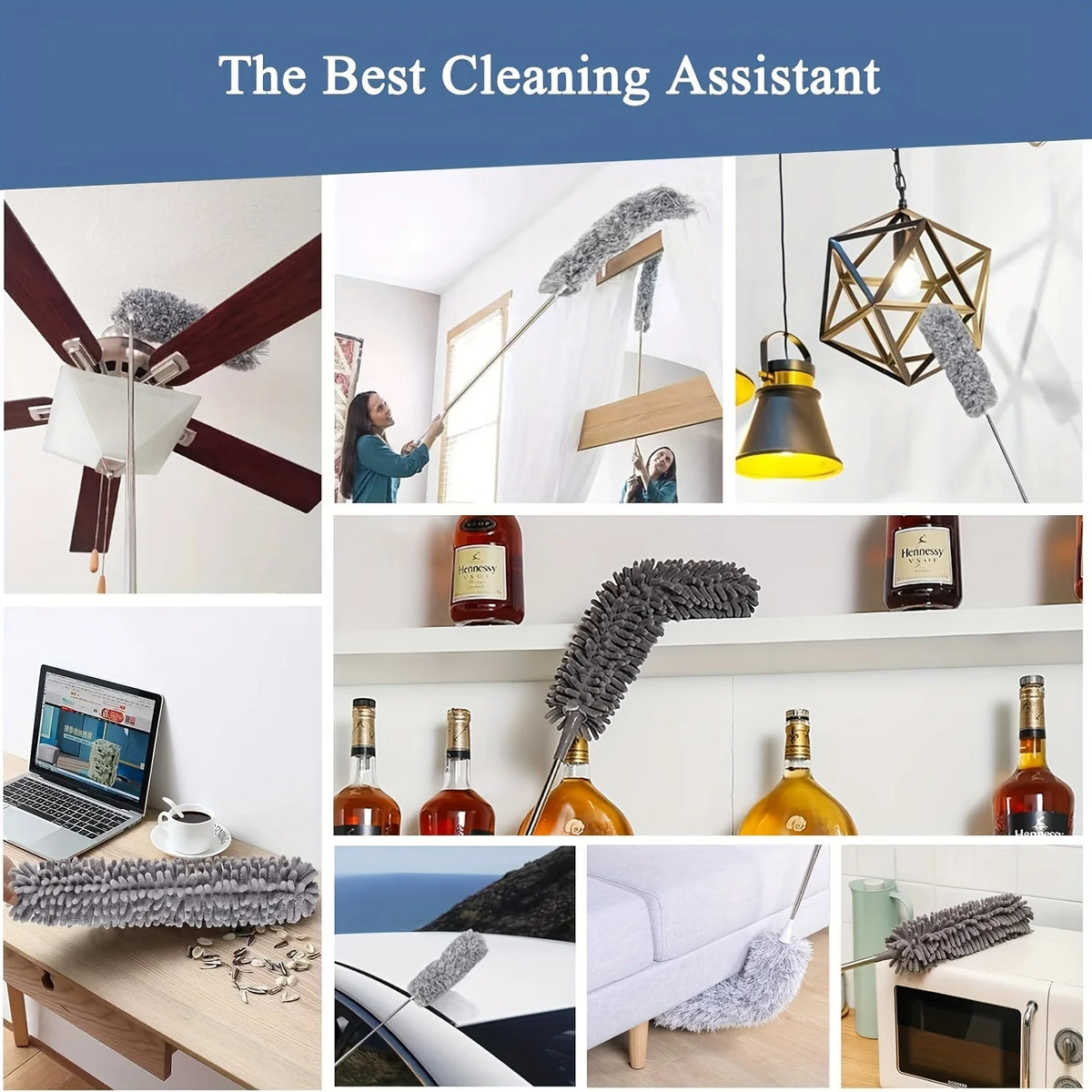 A collection of cleaning tools including a telescopic duster, various brushes, and a duster hanging from a geometric frame.
