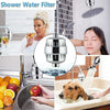 A shower head water filter is shown being used in a kitchen sink and a bathtub, demonstrating its function.