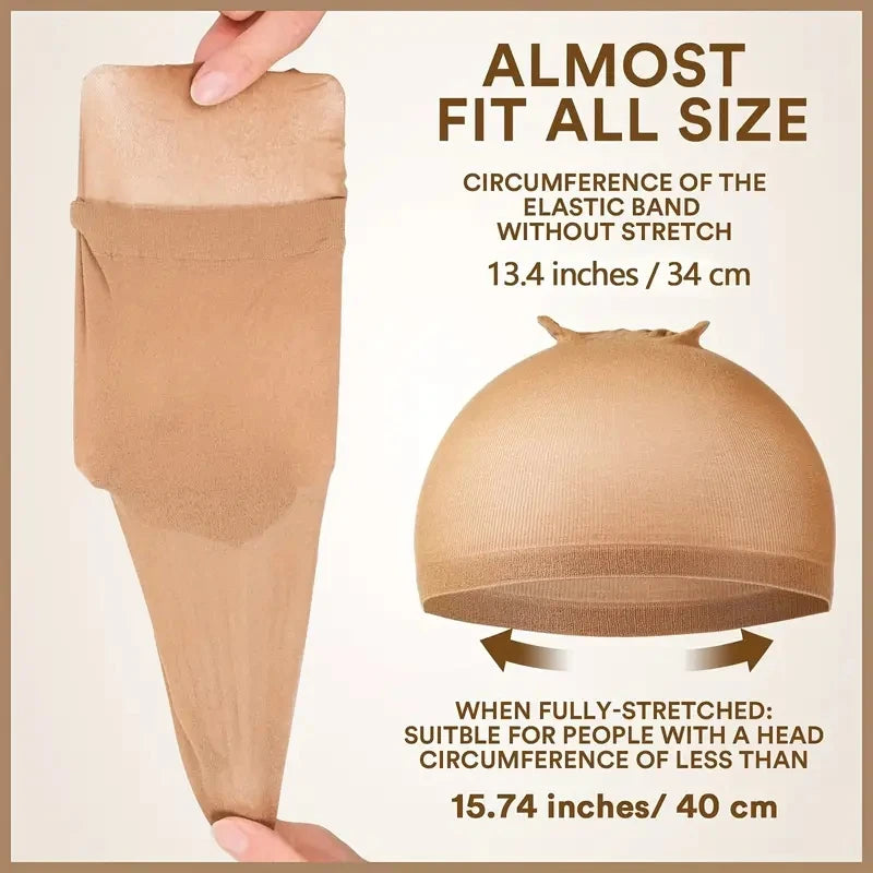 A nude beige stretchy nylon wig cap is shown next to a hand, illustrating its fit and size.