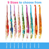 A set of nine epoxy resin floral-patterned crochet hooks in various sizes from 2.0mm to 6.0mm.