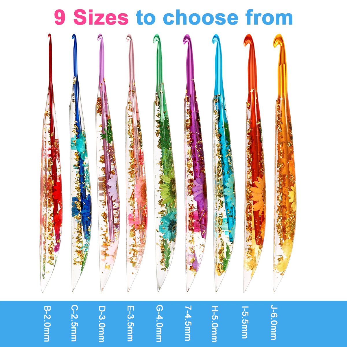 A set of nine epoxy resin floral-patterned crochet hooks in various sizes from 2.0mm to 6.0mm.