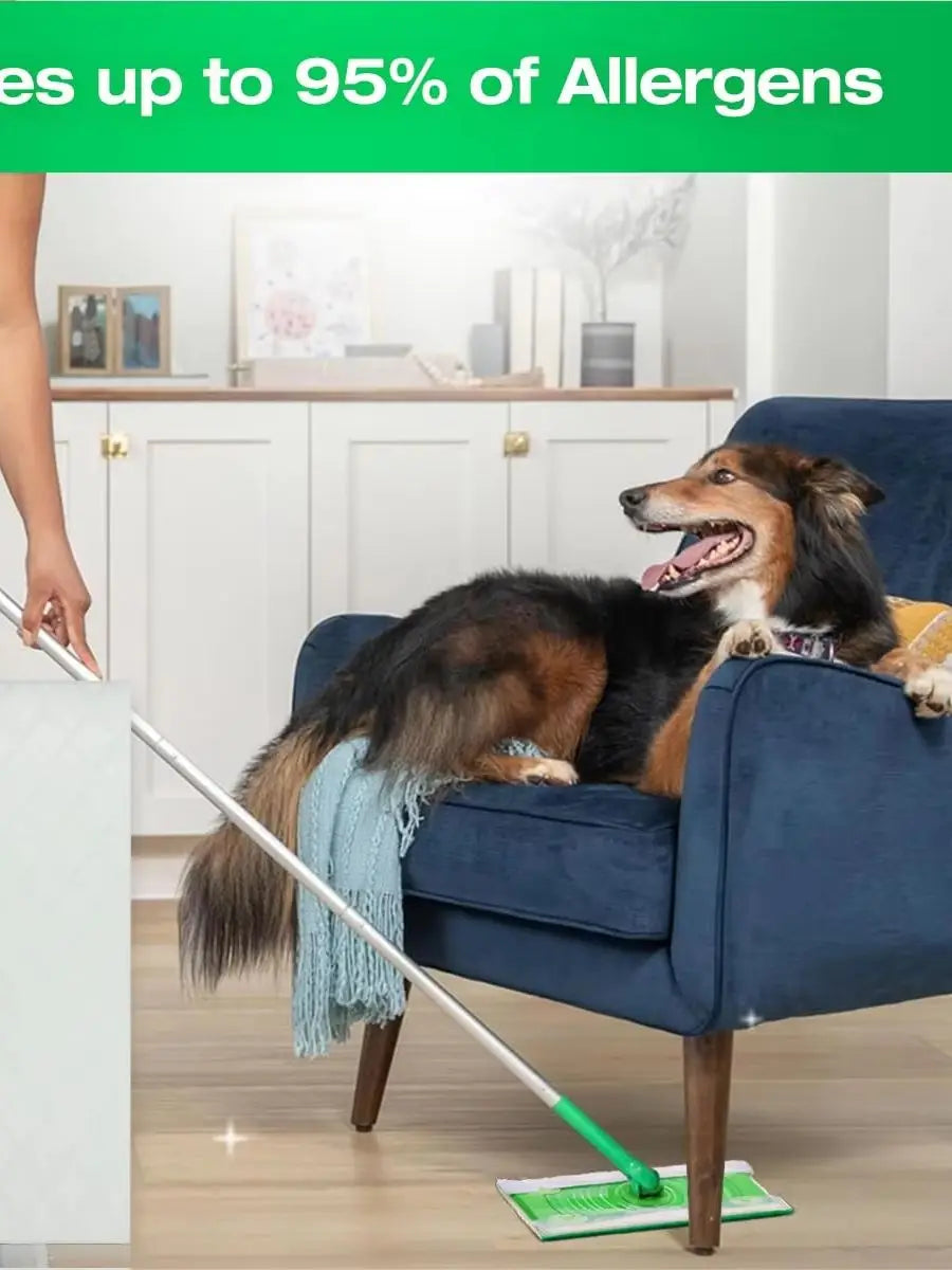 A dog is resting on a blue chair while a mop is used to clean the floor.