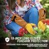 A person wearing yellow gardening gloves is shown tending to plants outdoors.