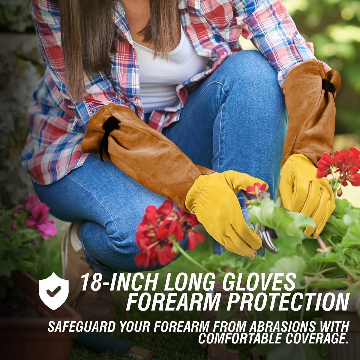 A person wearing yellow gardening gloves is shown tending to plants outdoors.