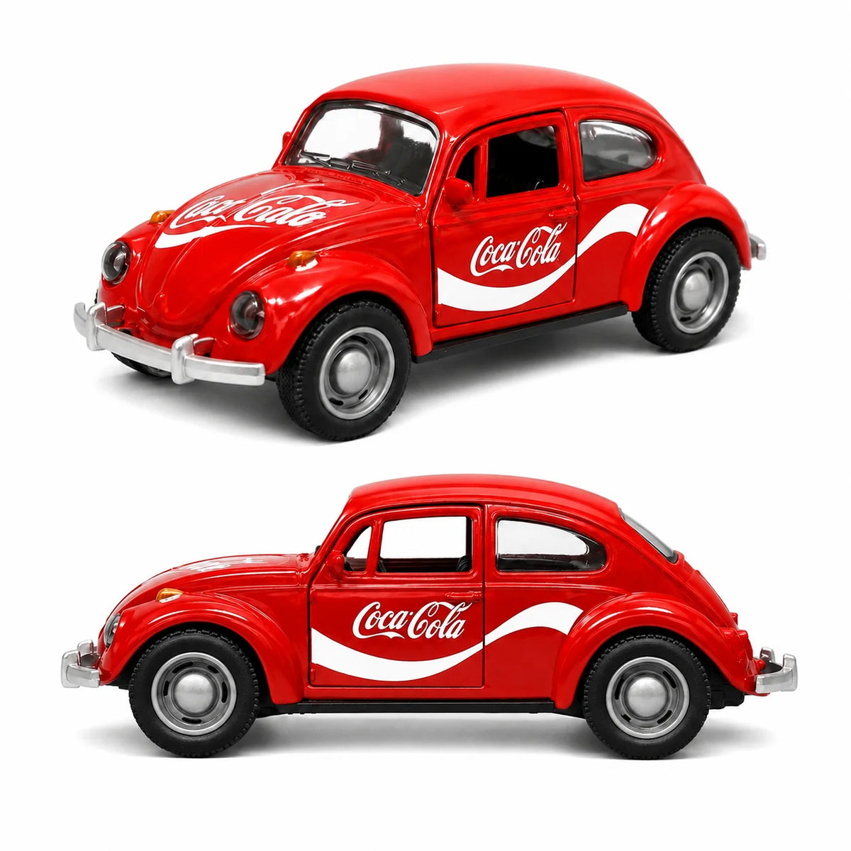 A red vintage Volkswagen Beetle die-cast collectible car featuring Coca-Cola branding.