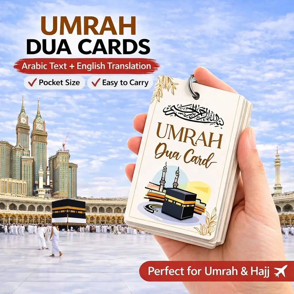 A hand holds a card titled Umrah Dua Card featuring an Islamic lantern design against a backdrop of a mosque.