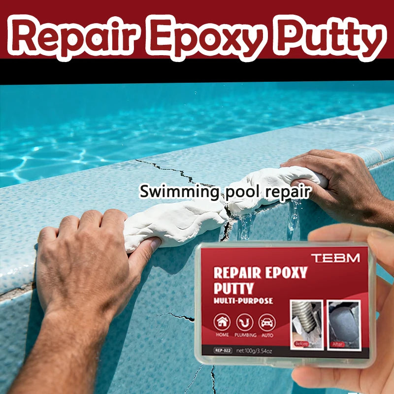Hands are applying Repair Epoxy Putty to a crack in a swimming pool surface.