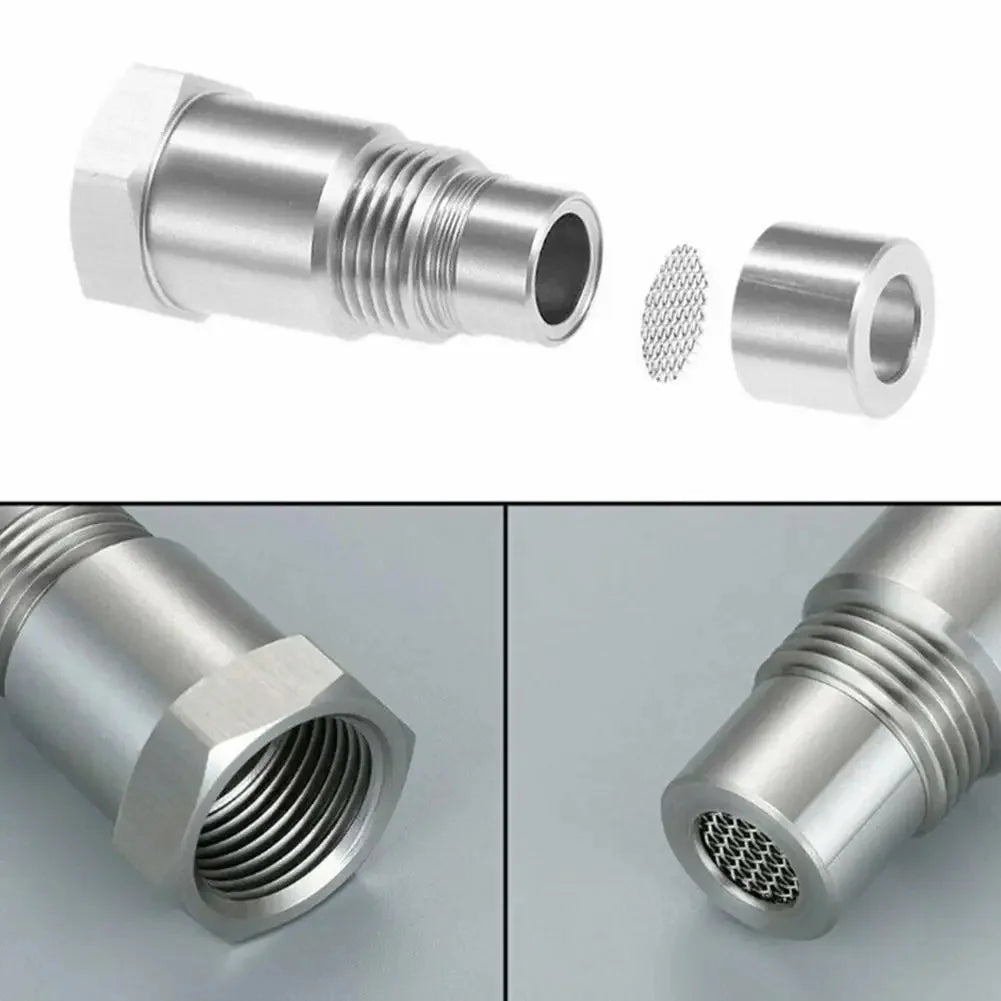 Stainless steel universal oxygen sensor components including a cylindrical body and a threaded tip.