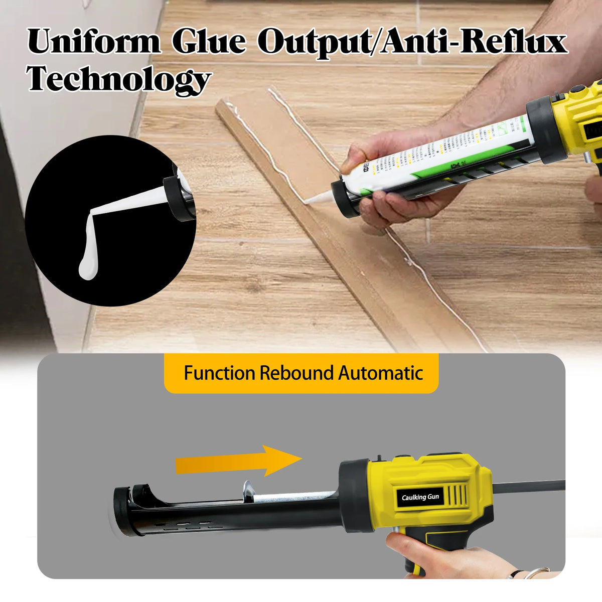 A hand is using a cordless electric caulking gun with an LED light to apply uniform glue output onto a wooden surface.