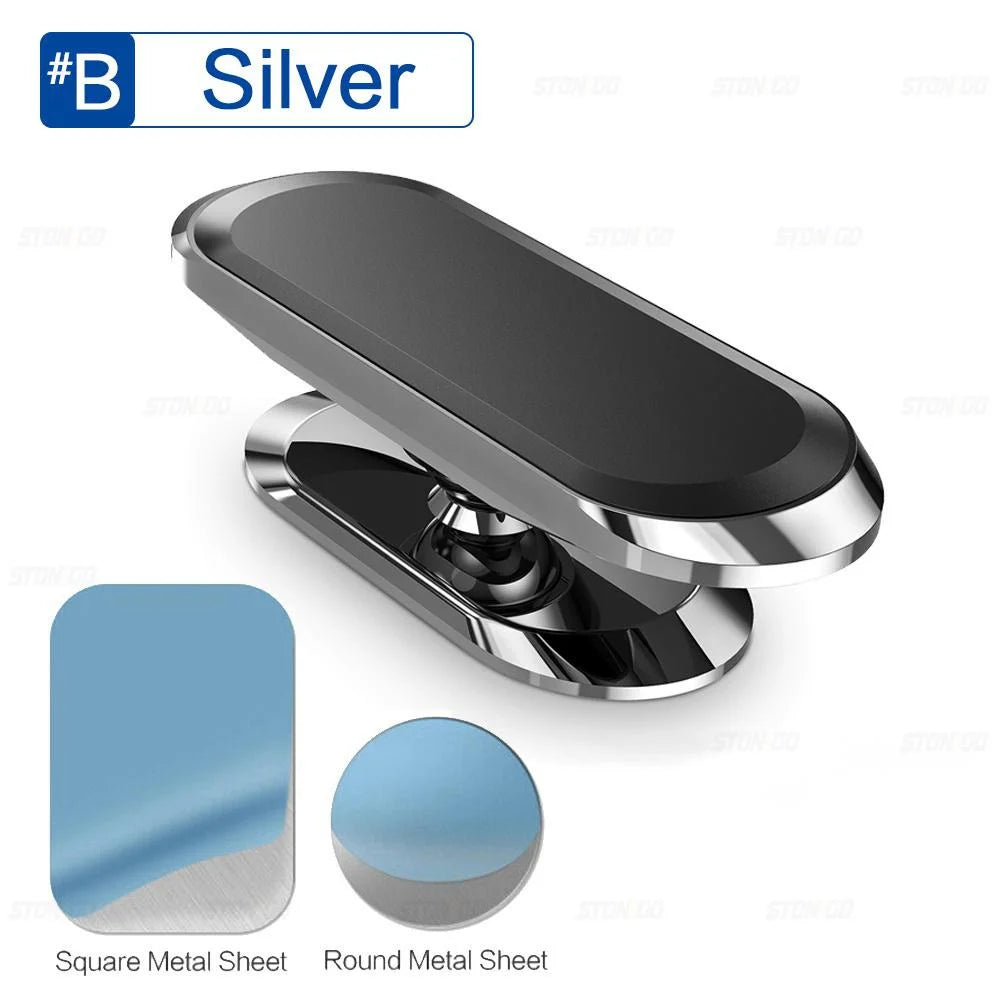 Silver magnetic phone mount showing a square metal sheet and a round metal sheet.
