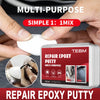 A hand is squeezing a white repair epoxy putty, demonstrating its multi-purpose use for repairs.