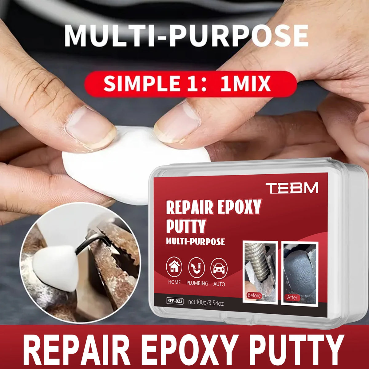 A hand is squeezing a white repair epoxy putty, demonstrating its multi-purpose use for repairs.