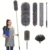 A collection of gray microfiber feather dusters with telescopic extension poles.